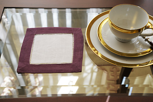 White Hemstitch Cocktail Napkin 6" with Grape Kiss border - Click Image to Close